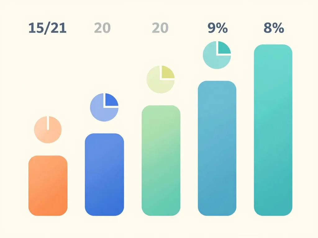 Diagramme visuel comparatif pour convertir 15/21 en pourcentage et note sur 20