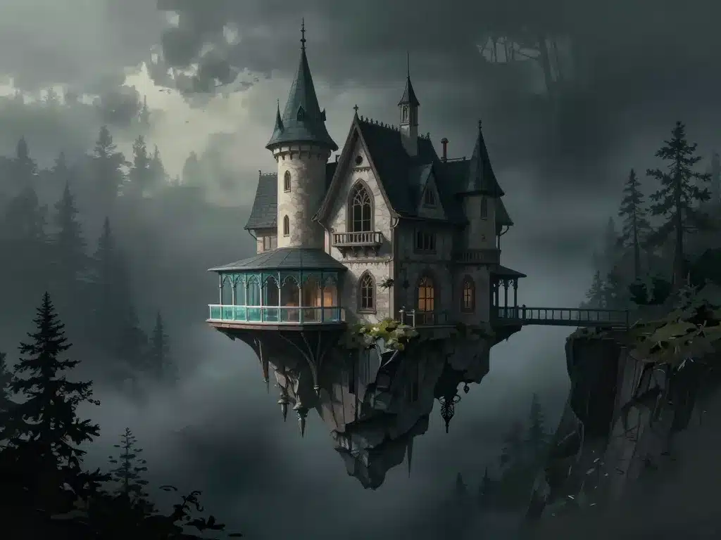 manoir suspendu architecture mystérieuse sur falaise