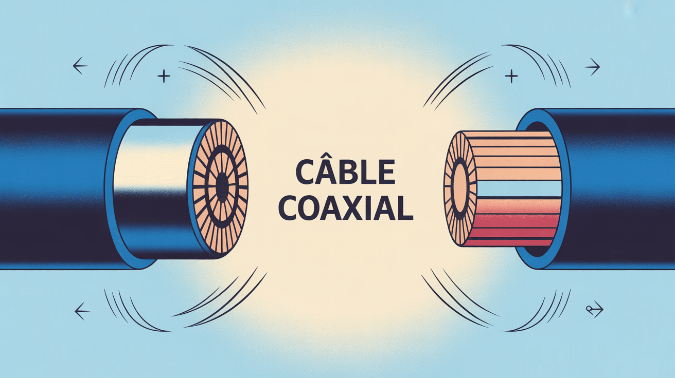 Illustration coupe câble coaxial avec transmission du signal