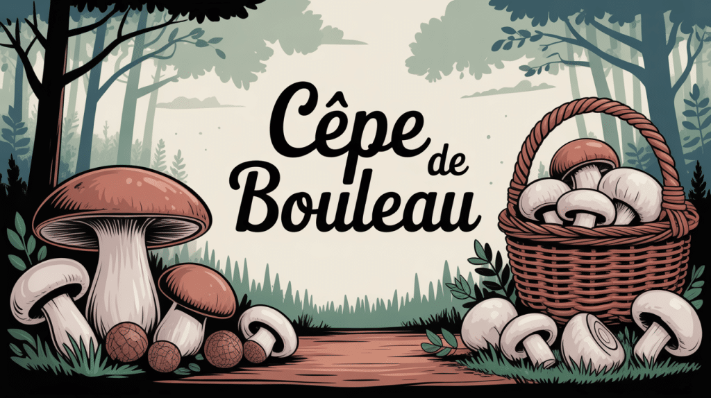 illustration cepe bouleau, champignon et bouleaux en forêt