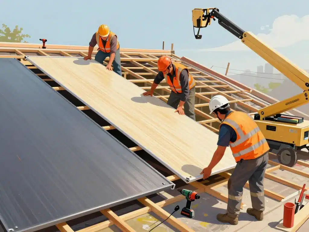 installation pose panneaux sandwich pour toiture illustration ouvriers