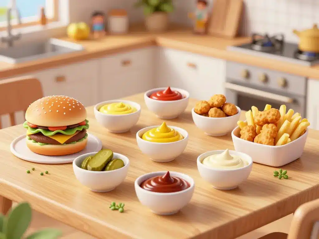 Scène de sauces McDonald maison avec burgers et nuggets
