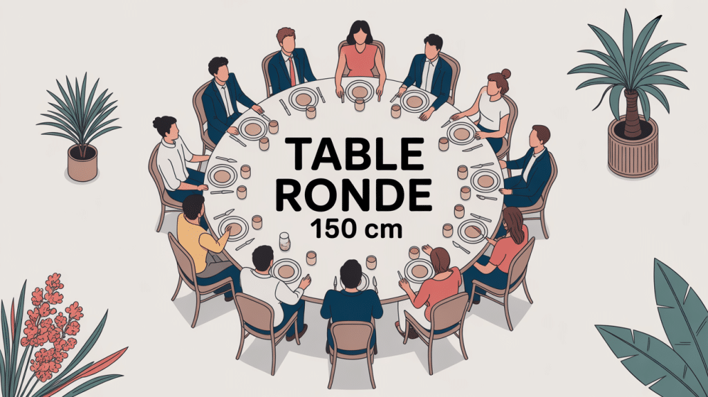 table ronde 150 cm combien de personnes vue du dessus avec chaises