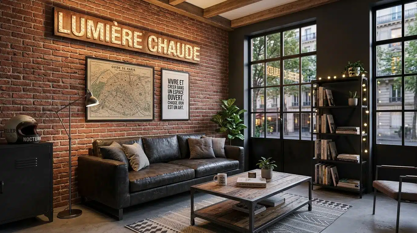 Mur en briquettes de parement dans un salon au style industriel