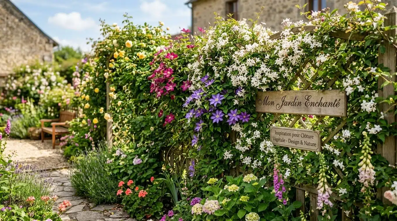 Clôture habillée de plantes grimpantes fleuries