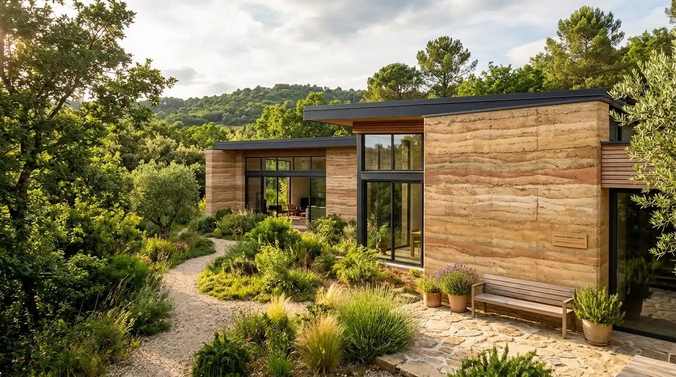 Maison contemporaine en pisé avec ses strates de terre naturelle