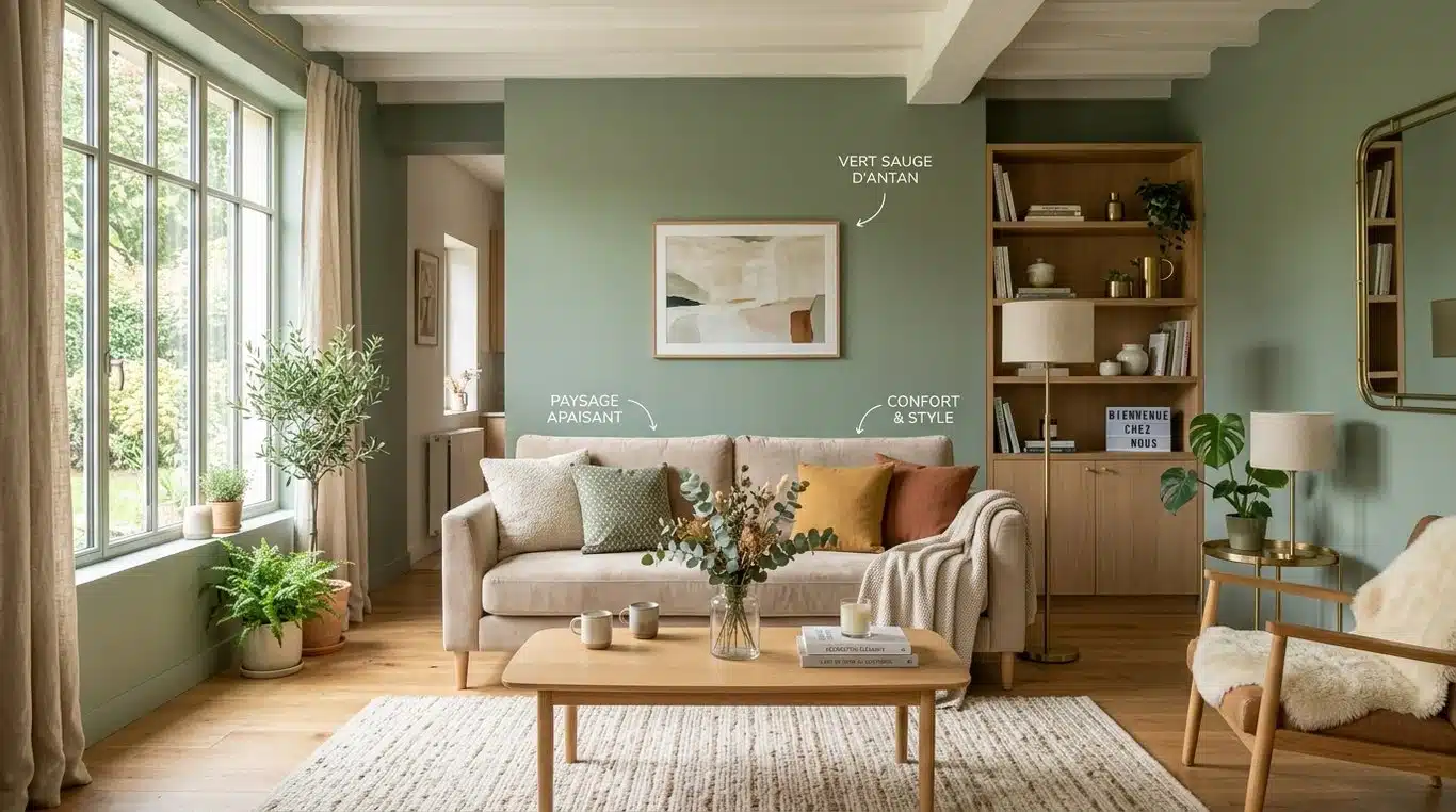 Salon décoré en vert sauge avec des touches de bois clair et de laiton