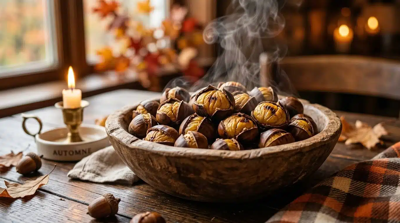Marrons grillés chauds dans un bol en bois pour une ambiance automnale
