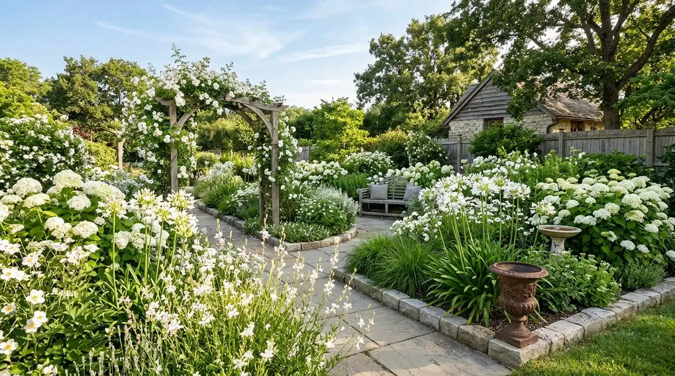 Jardin paysager mettant en valeur une sélection de plantes à fleurs blanches pour un effet lumineux et élégant.