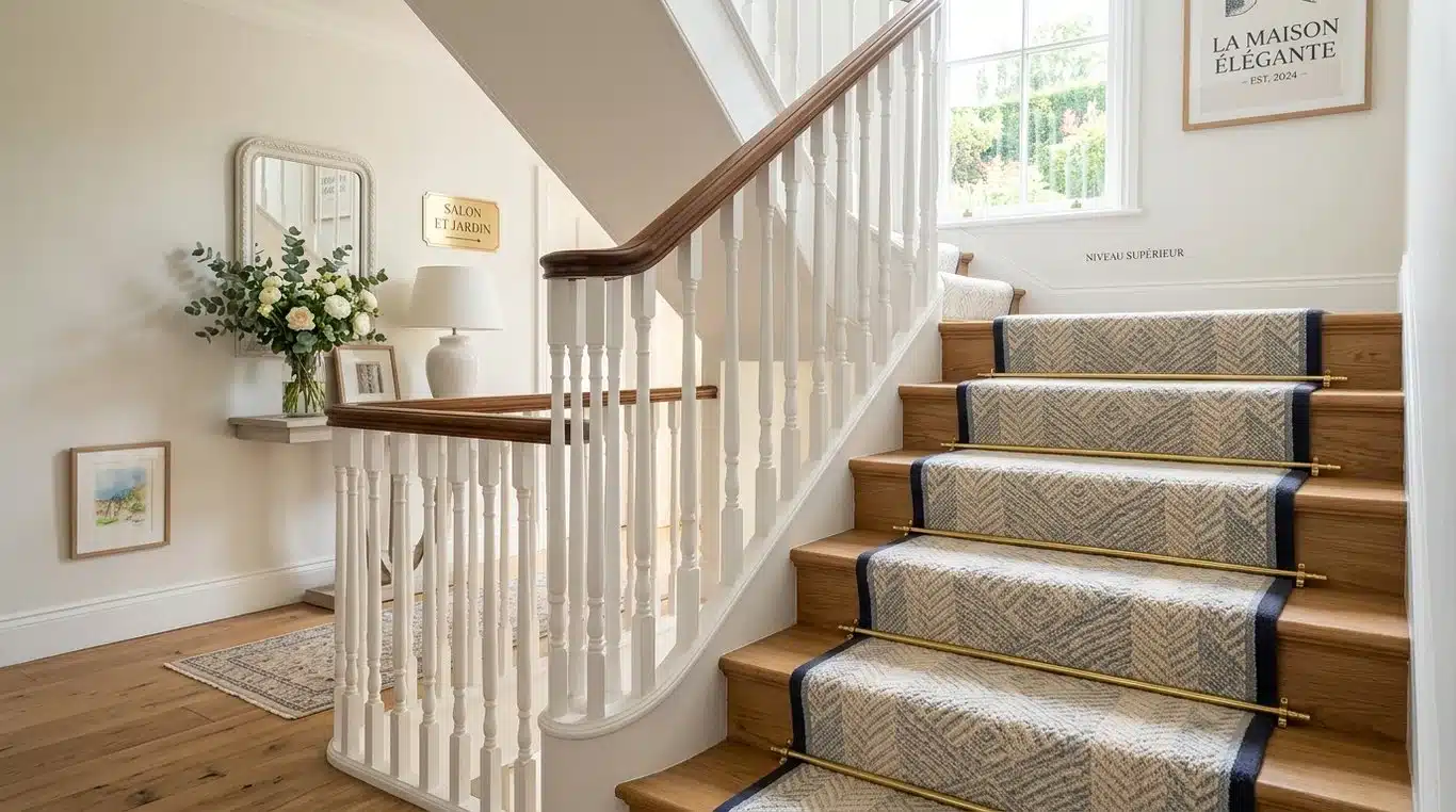 Escalier moderne habillé d'un tapis de moquette avec barres de maintien