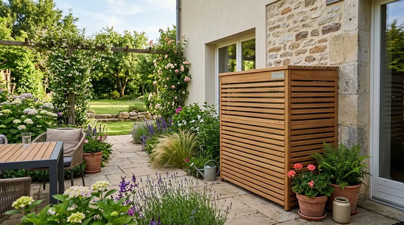 Cache climatiseur en bois design installé dans un jardin