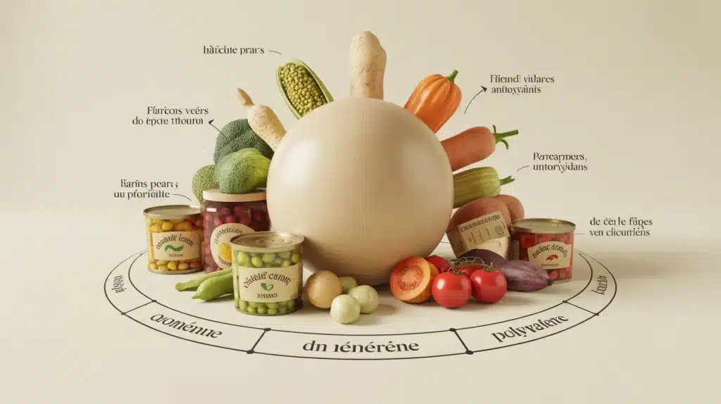 Légumes en conserve, bocaux et légumes frais stylisés