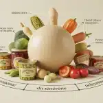 Légumes en conserve, bocaux et légumes frais stylisés
