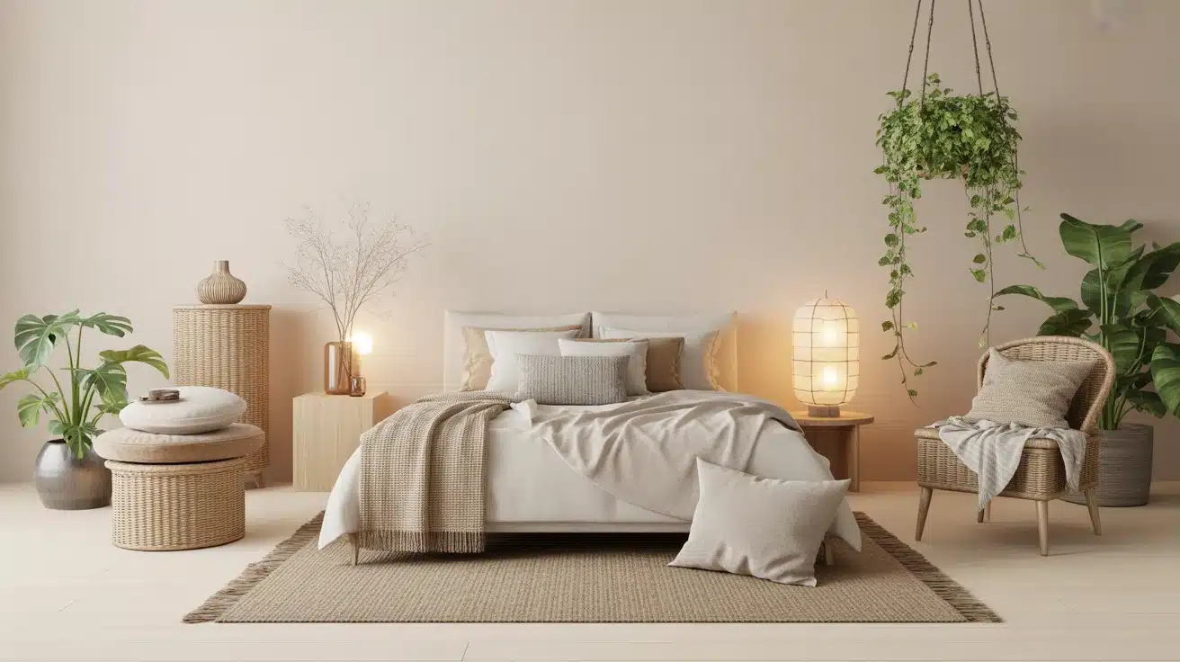 Salon bohème scandinave cocooning avec matières naturelles et textiles