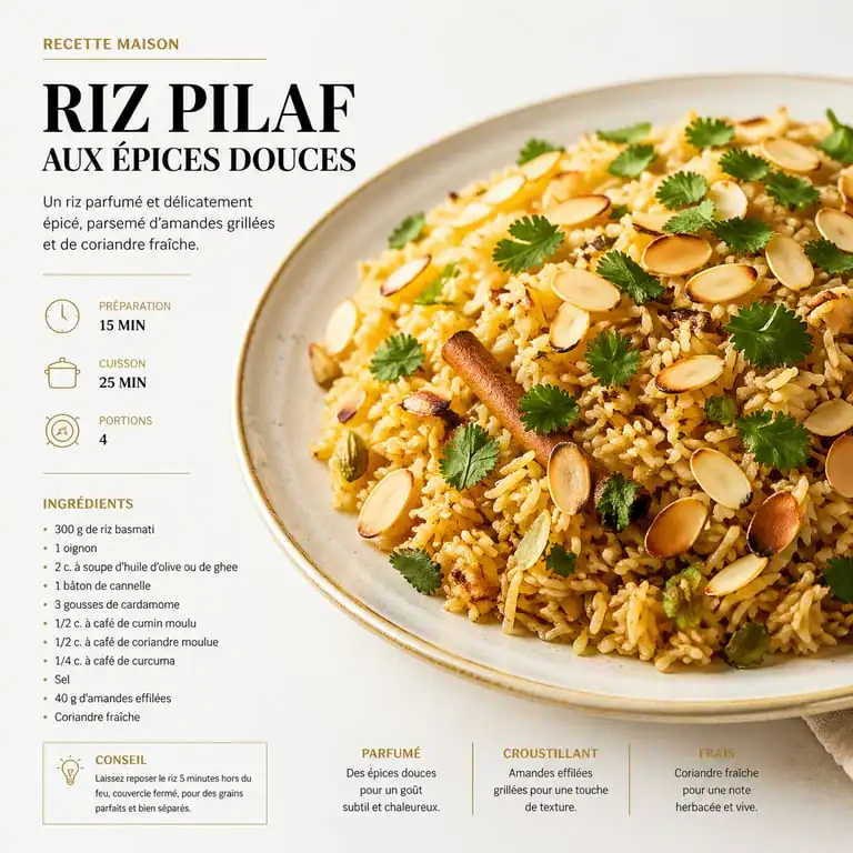 Riz pilaf aux épices douces et amandes grillées comme idée de riz en accompagnement recettes