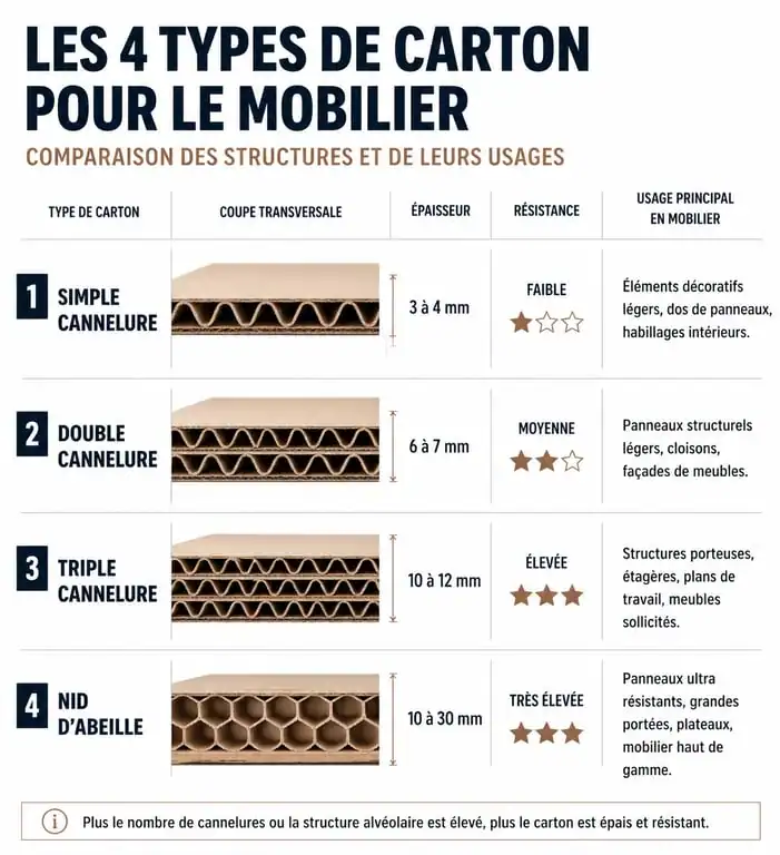 Comparatif des types de carton pour la fabrication de meubles en carton : simple, double, triple cannelure et nid d'abeille