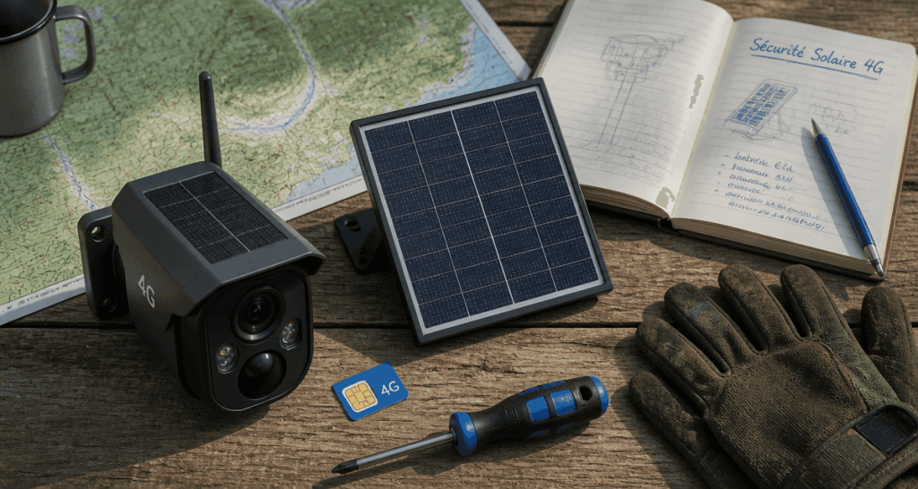 Caméra 4G solaire et panneau sur table bois