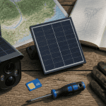 Caméra 4G solaire et panneau sur table bois