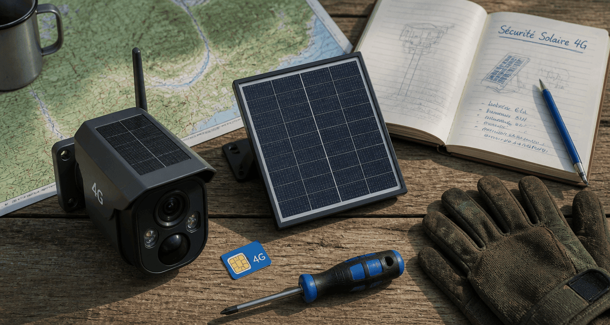 Caméra 4G solaire et panneau sur table bois
