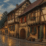 colombage maison alsacienne village crépuscule