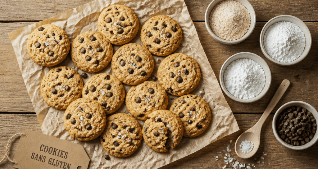 cookies sans gluten aux pépites de chocolat sur table rustique