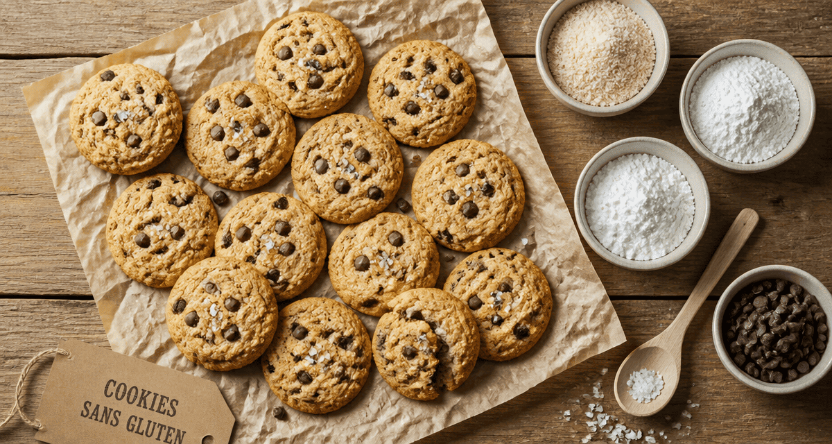 cookies sans gluten aux pépites de chocolat sur table rustique