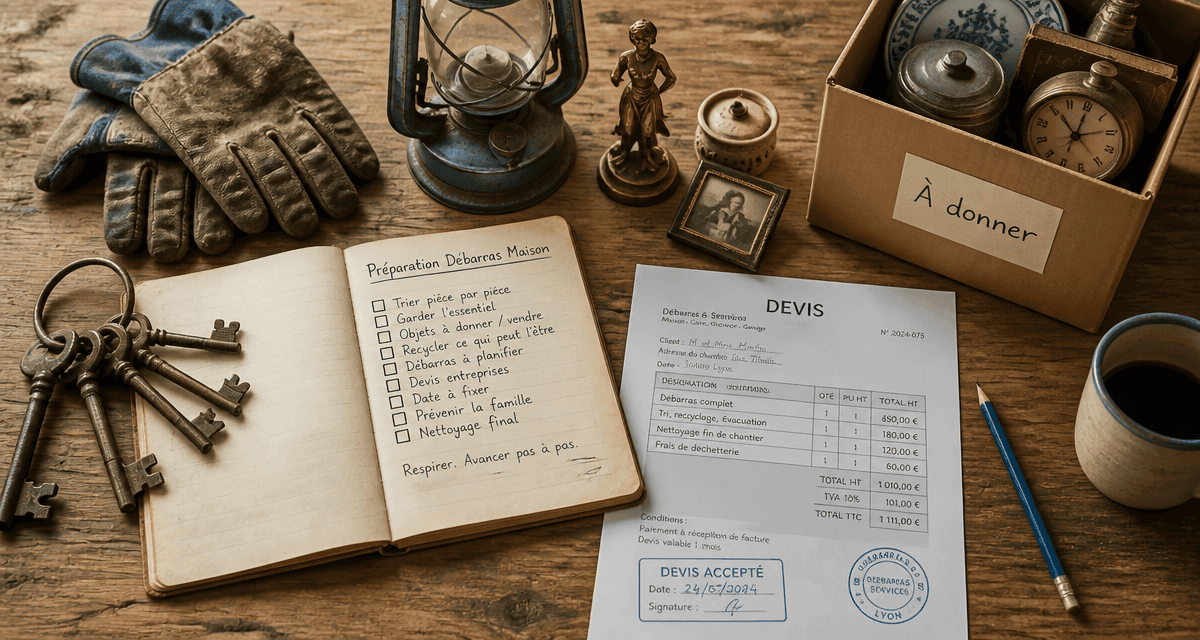 debarras maison checklist sur table avec objets