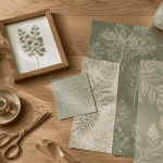 Décoration murale vert sauge avec échantillons, cadre et eucalyptus