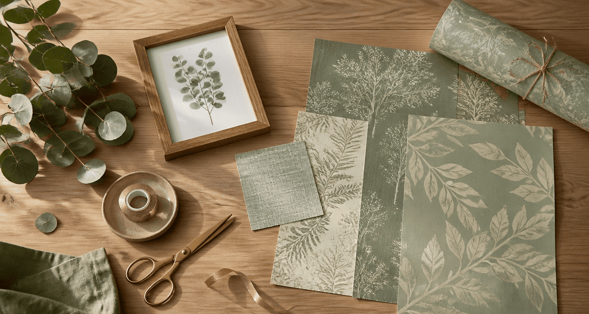 Décoration murale vert sauge avec échantillons, cadre et eucalyptus