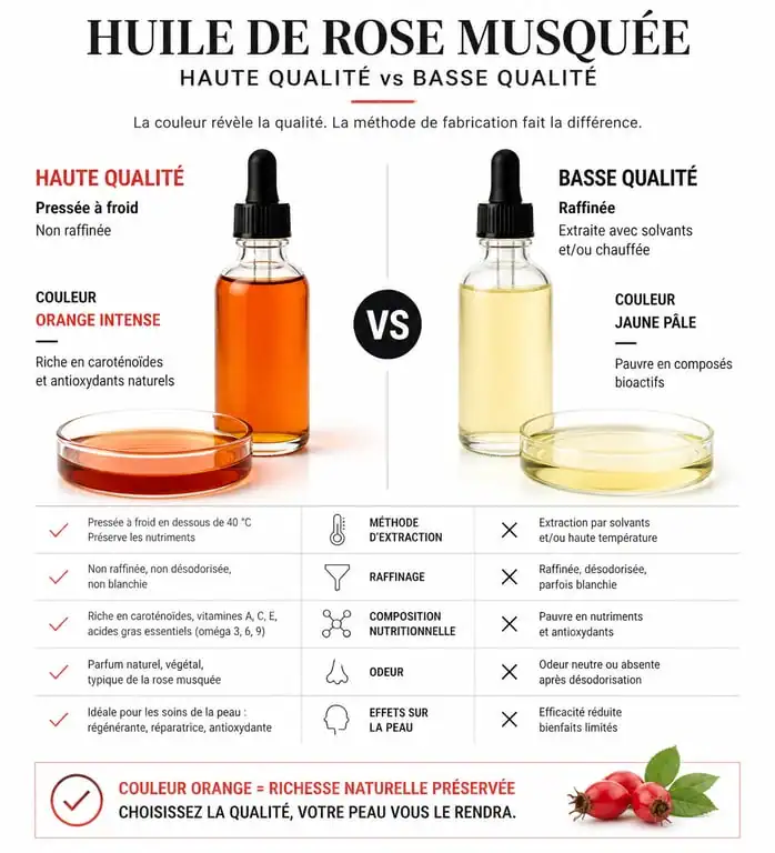 Infographie comparative : comment reconnaître la meilleure huile de rose musquée de qualité supérieure
