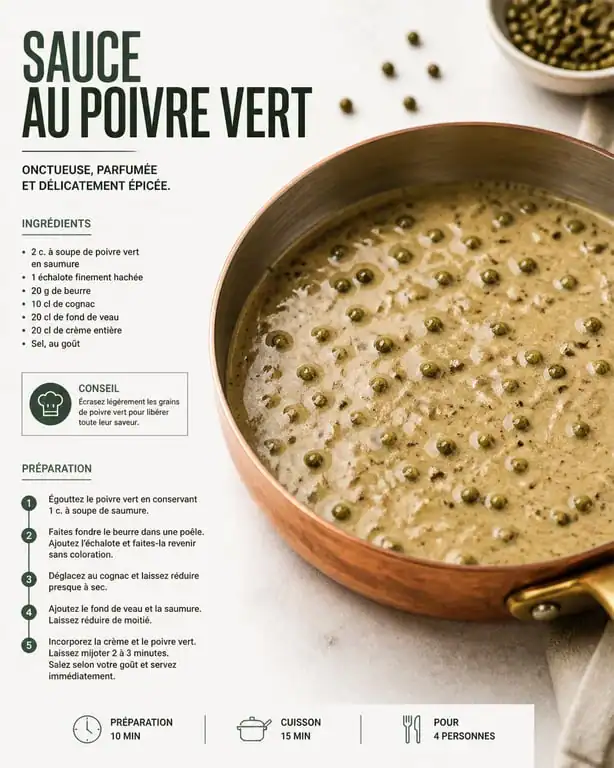 Sauce au poivre vert onctueuse réalisée avec un substitut de cognac