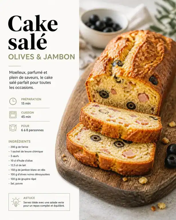 Cake salé aux olives et jambon, recette salée maison