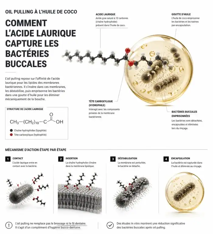 Infographie scientifique expliquant le mécanisme de l'oil pulling à l'huile de coco pour la santé bucco-dentaire