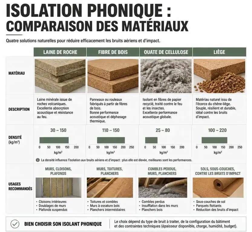 Comparatif des meilleurs isolants phoniques : laine de roche, fibre de bois, ouate de cellulose et liège.