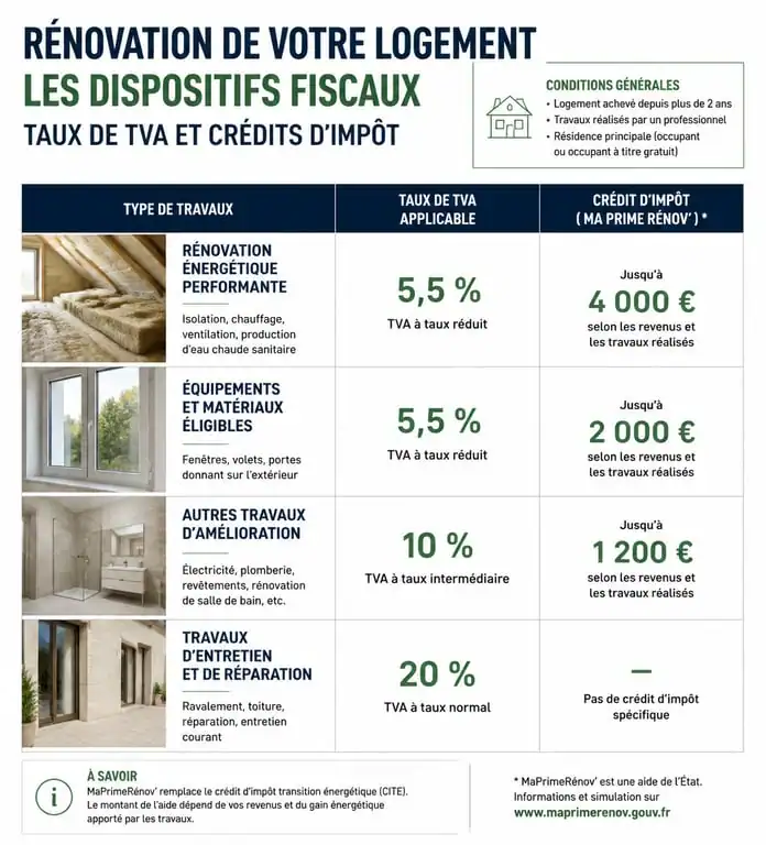 Infographie des aides et dispositifs fiscaux pour les travaux de rénovation maison