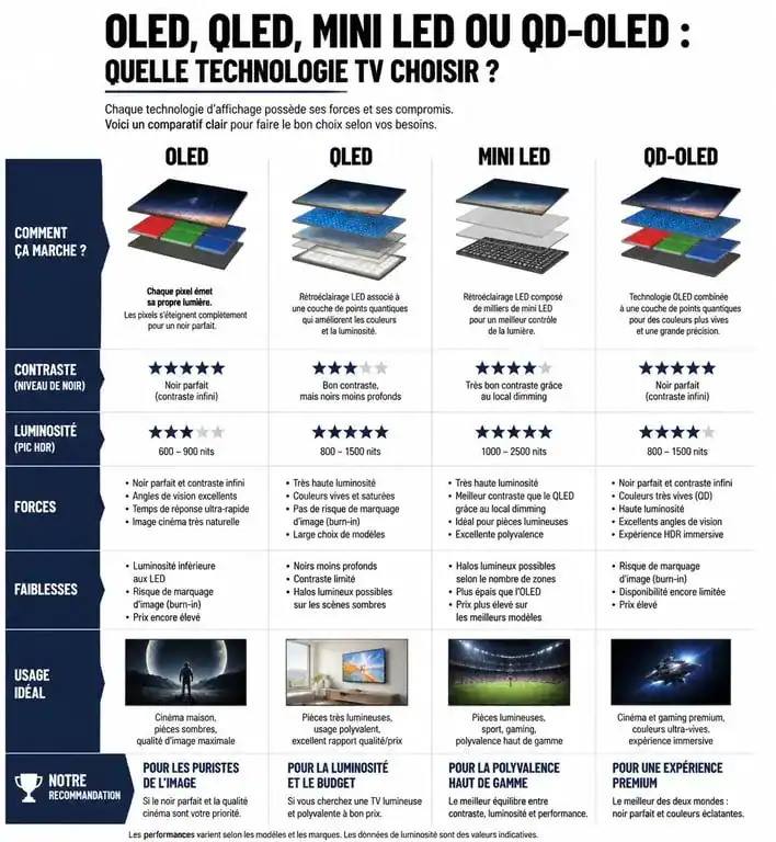 Comparatif des technologies TV : OLED, QLED, Mini LED et QD-OLED pour choisir la meilleure télévision.