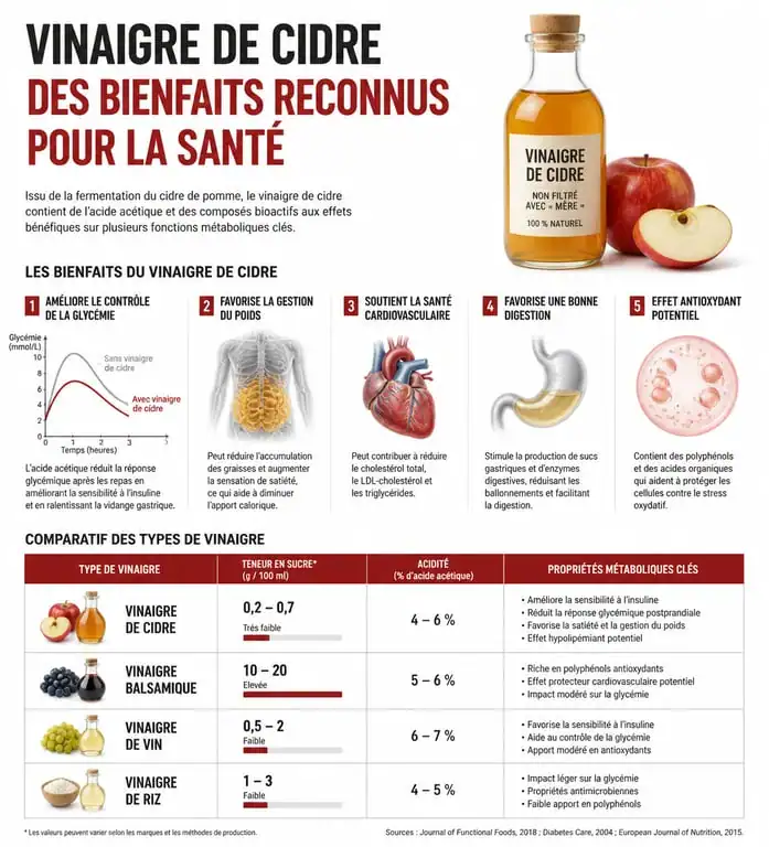 Infographie comparative des bienfaits du vinaigre de cidre pour la santé et comparaison des types de vinaigre