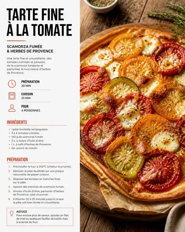 Tarte fine à la tomate et scamorza fumée prête à être dégustée