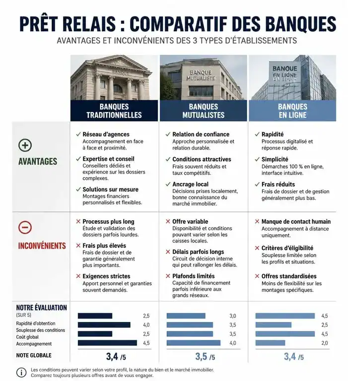 Comparatif des banques pour un prêt relais : banques traditionnelles, mutualistes et en ligne