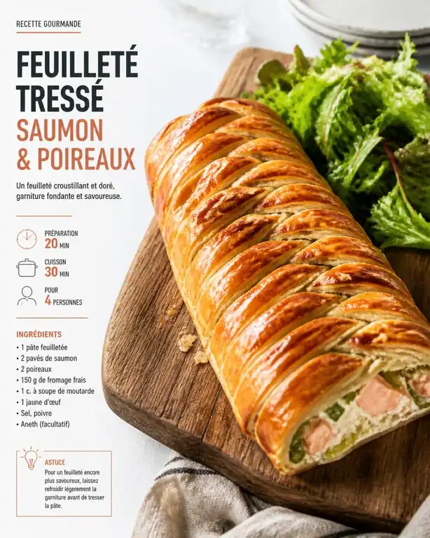 Feuilleté tressé au saumon et poireaux, recette de feuilleté salé maison