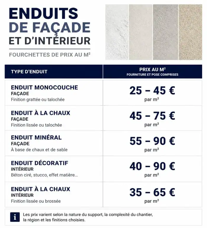 Infographie comparative des prix au m2 pour différents types d'enduit de façade et d'intérieur