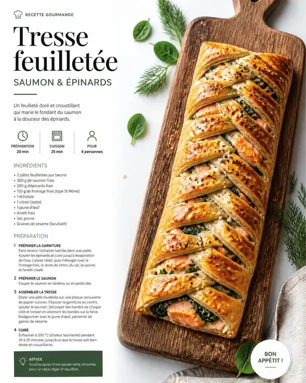 Recette de feuilleté tressé au saumon et épinards frais croustillant