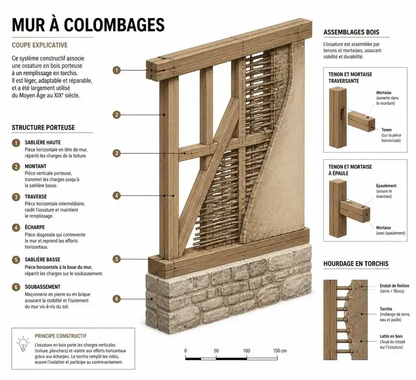 Schéma technique de la structure d'une maison à colombages avec ossature bois et hourdage