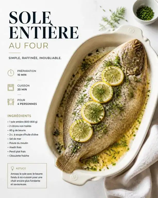 Sole au four délicatement préparée avec du citron et des herbes fraîches dans un plat de service.