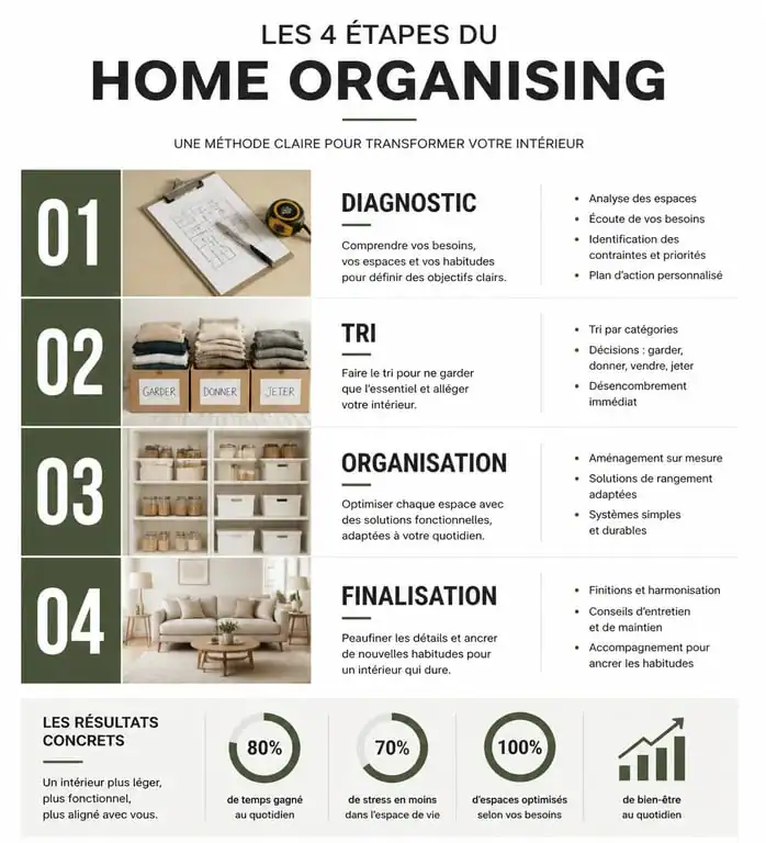 Infographie des étapes du home organising pour une aide au rangement maison efficace