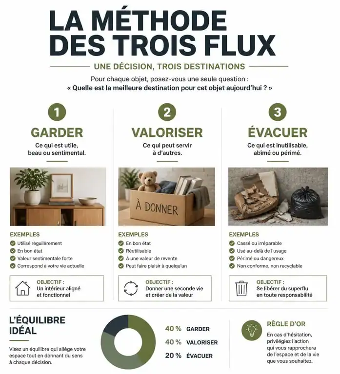 Infographie méthode de tri pour vidage maison : garder, valoriser, évacuer