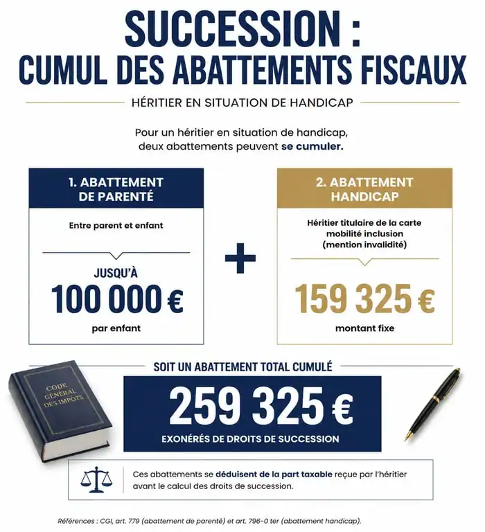 Schéma illustrant le cumul des abattements pour les frais de notaire et droits de succession d'une personne handicapée