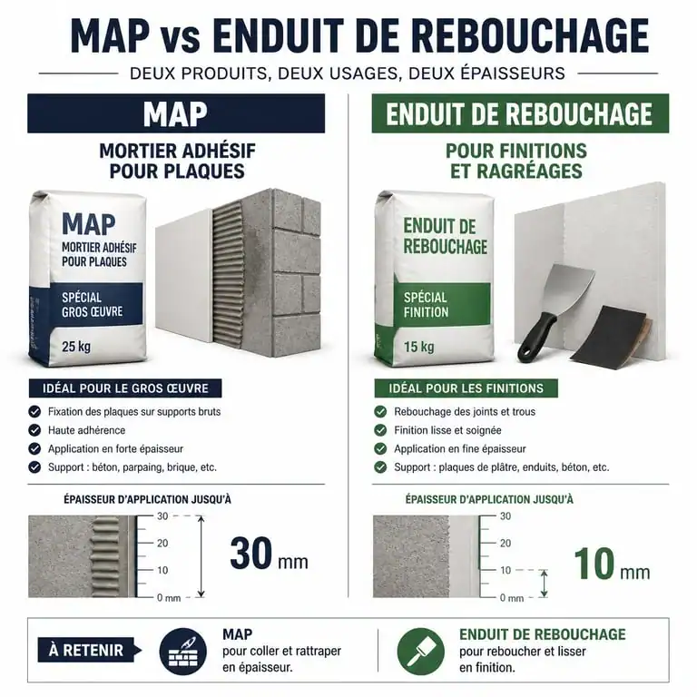 Infographie comparative entre le MAP et l'enduit de rebouchage pour choisir le bon produit de réparation murale