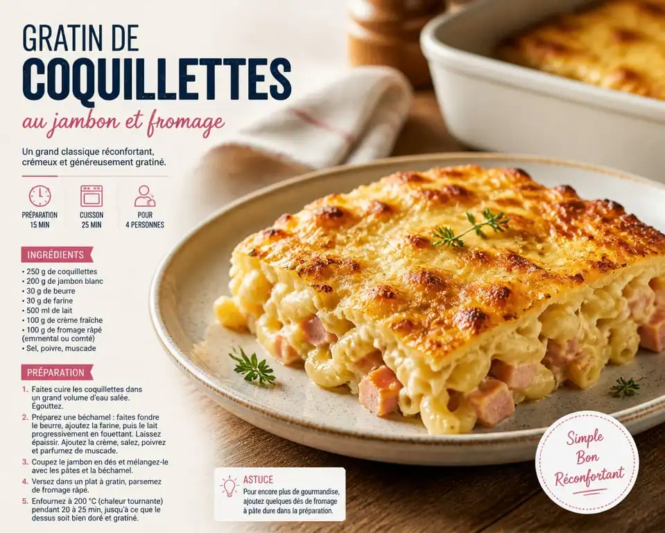 Gratin de coquillettes au jambon et fromage, recette facile pas cher