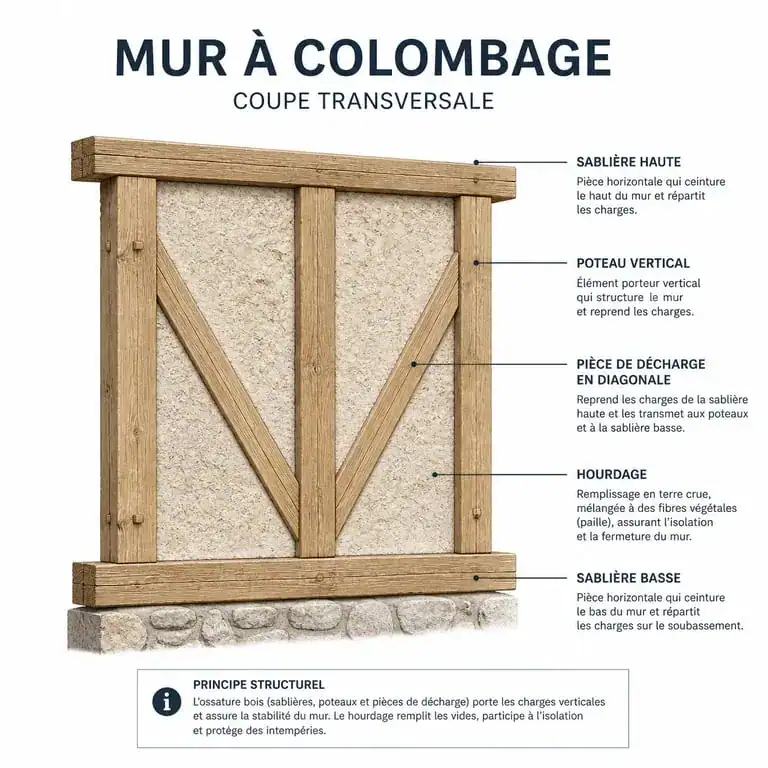 Schéma technique de la structure d'un mur à colombage avec ossature bois et hourdage